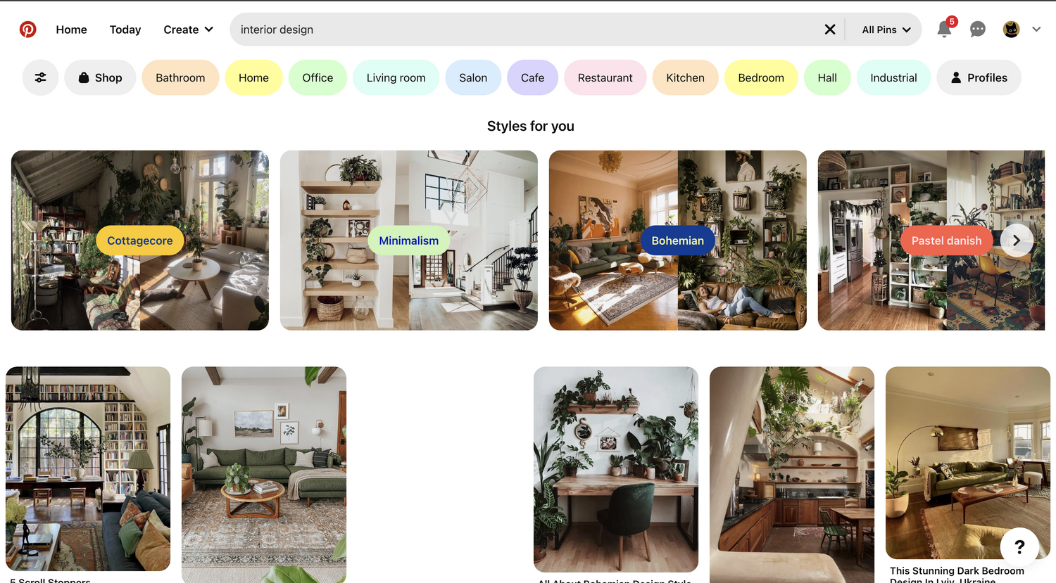 screenshot of pinterest interior design search