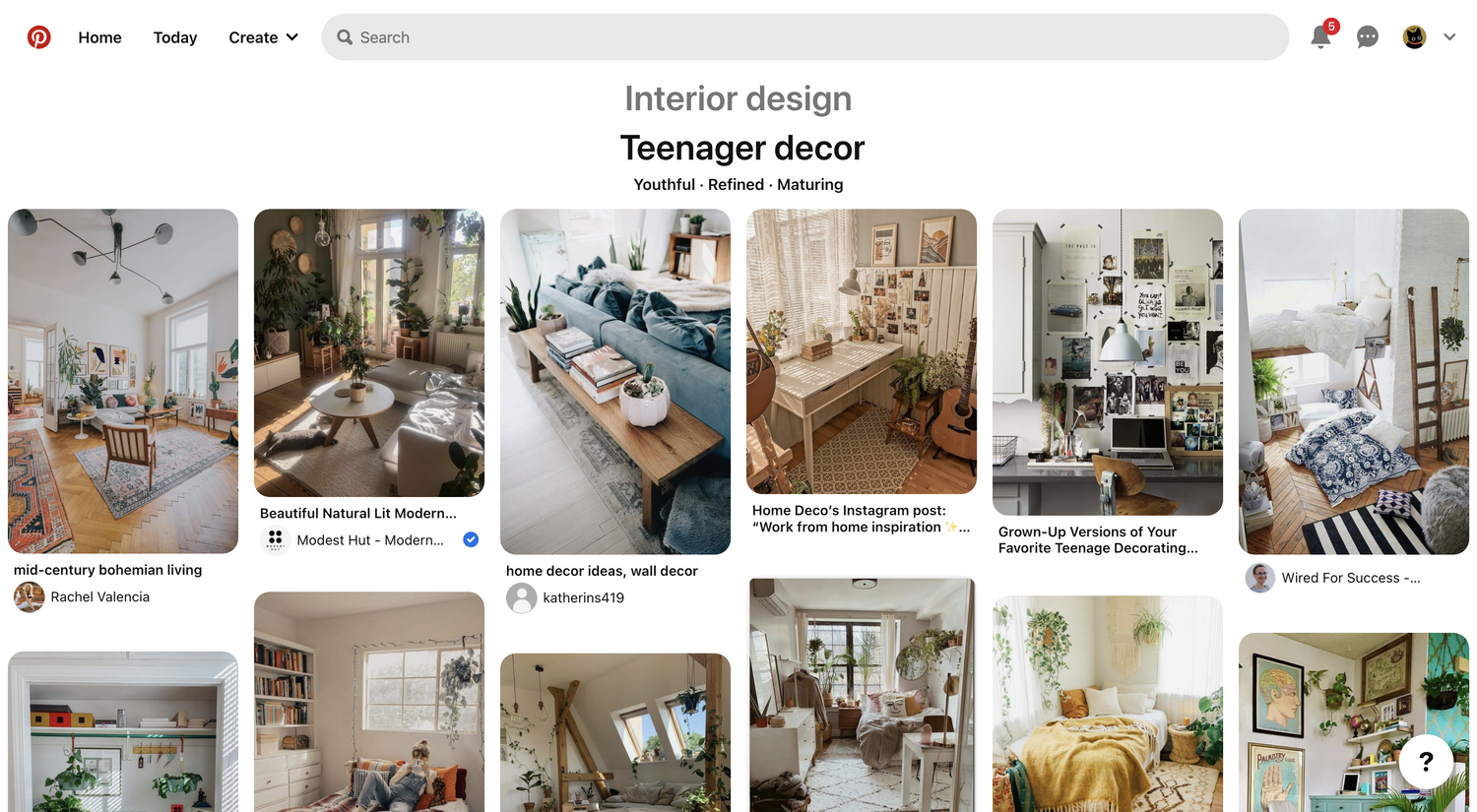screenshot of pinterest teenage decor search