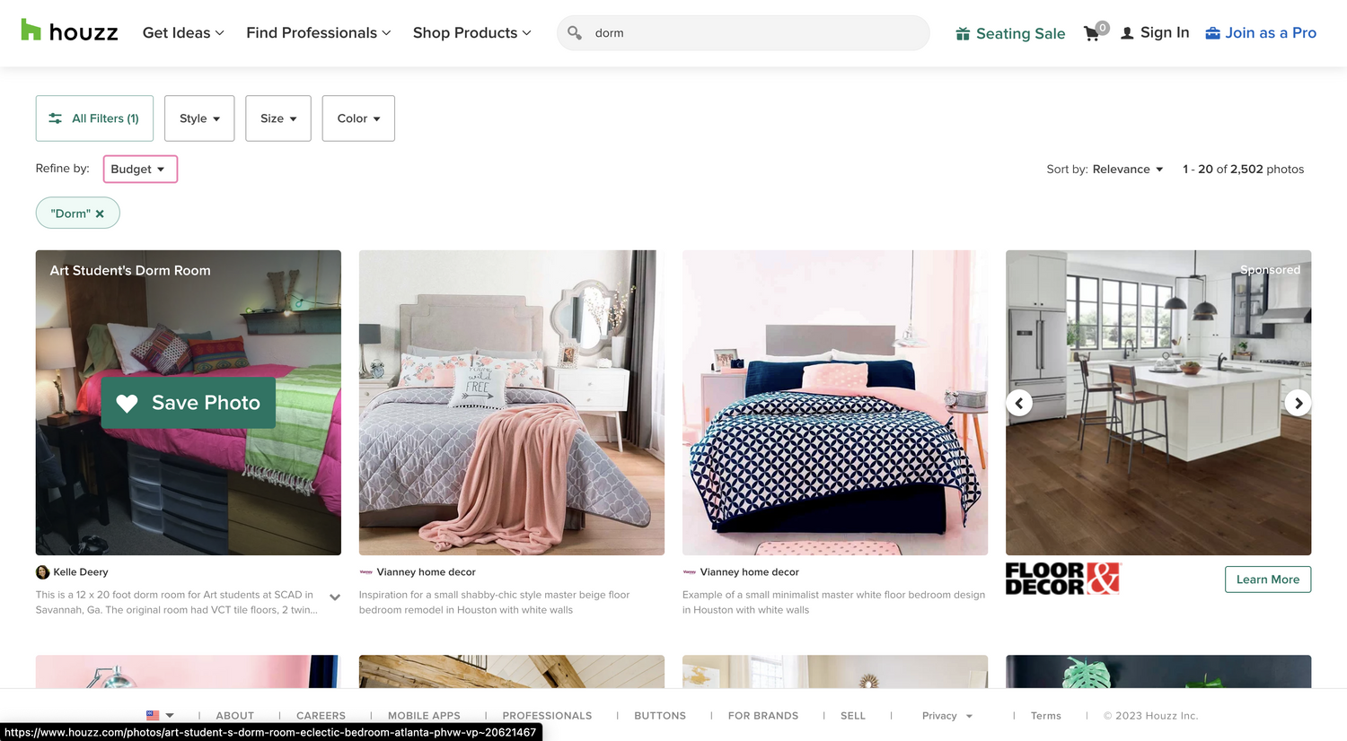 screenshot of houzz app with dorm inspiration