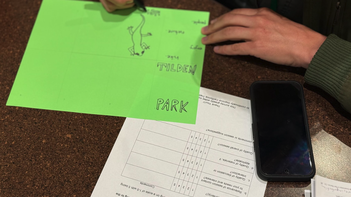 a participant drawing Tilden Park on a green zine page