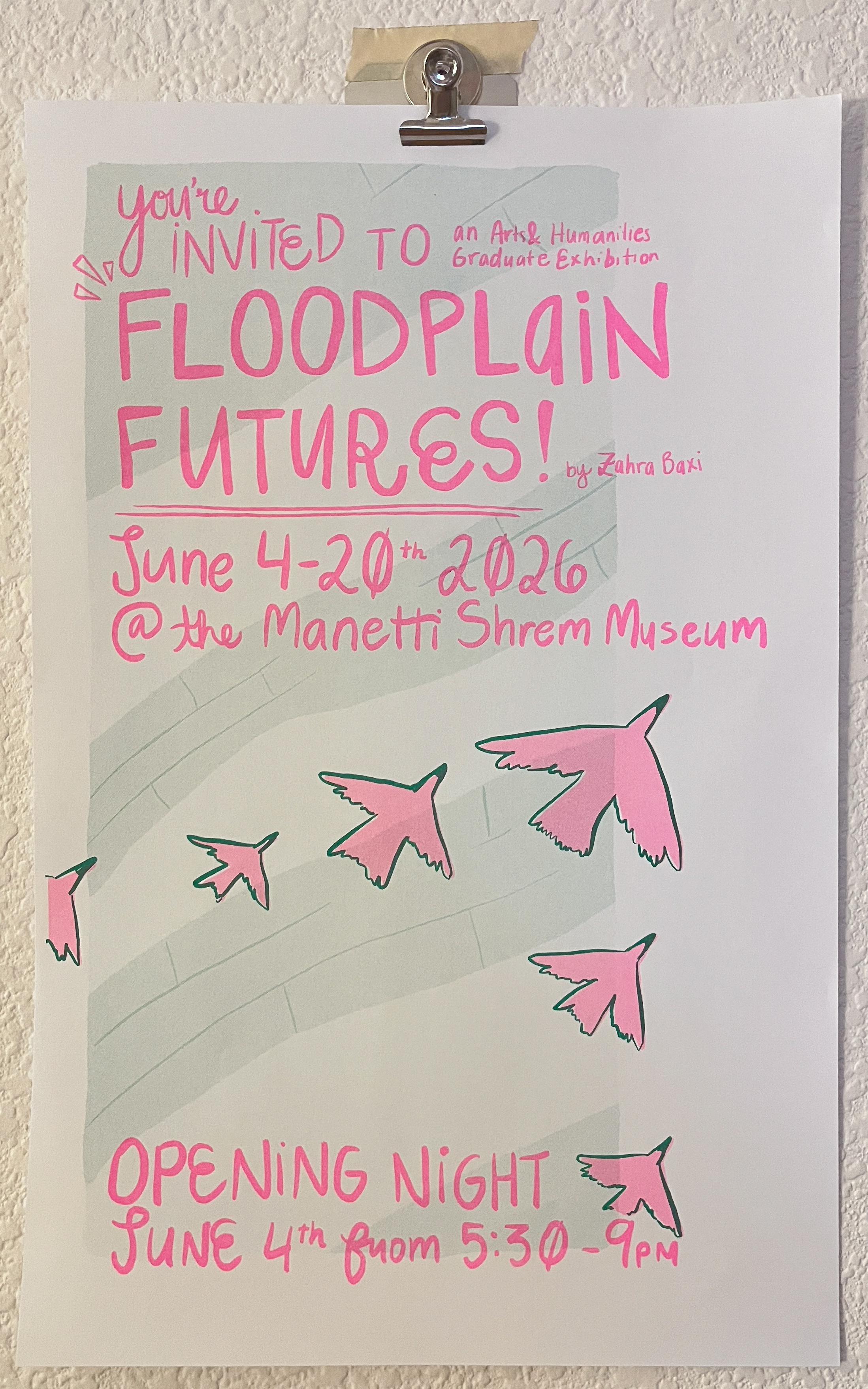 hand-lettered risograph invite poster for Floodplain Futures exhibition