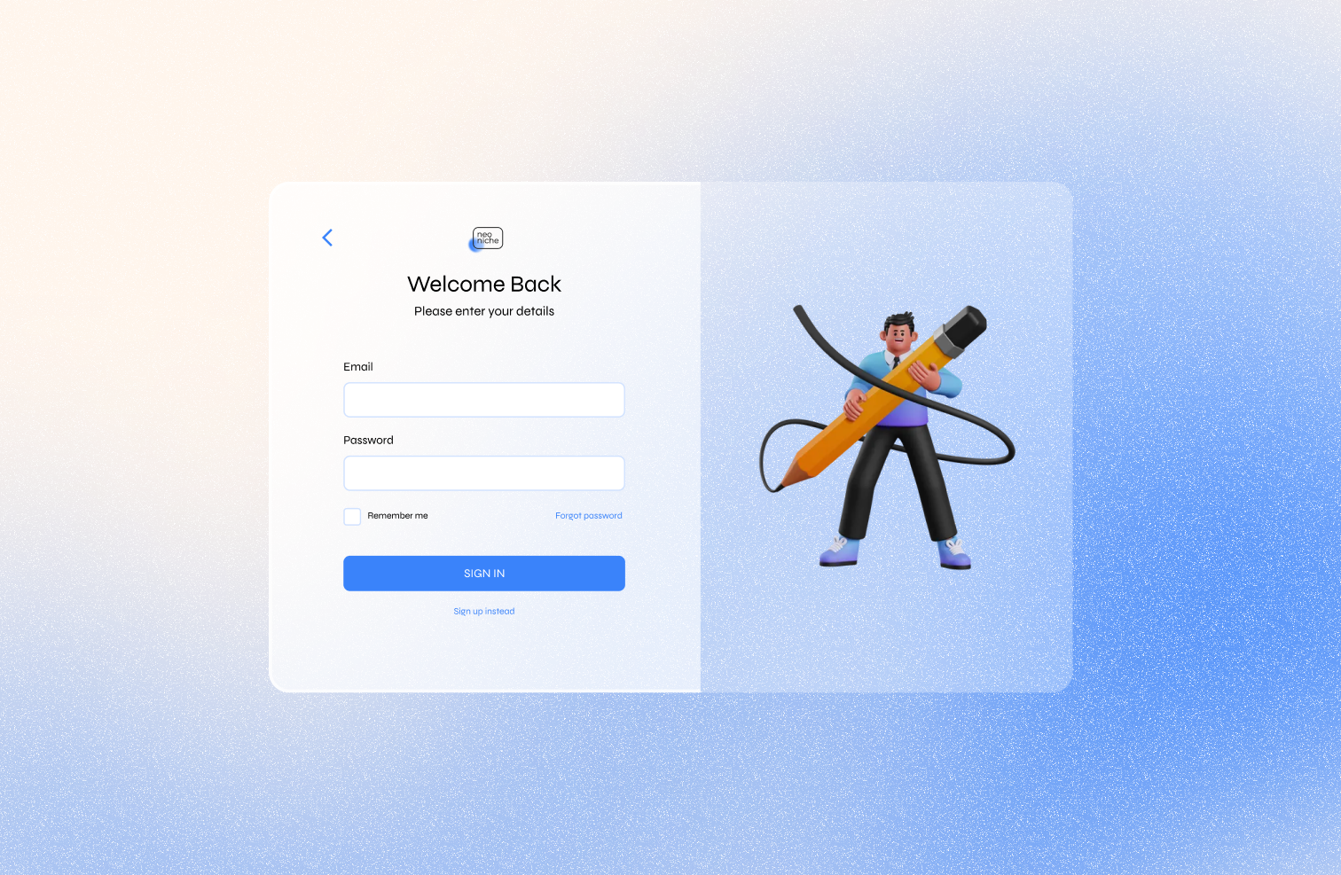 log in screen for neoniche