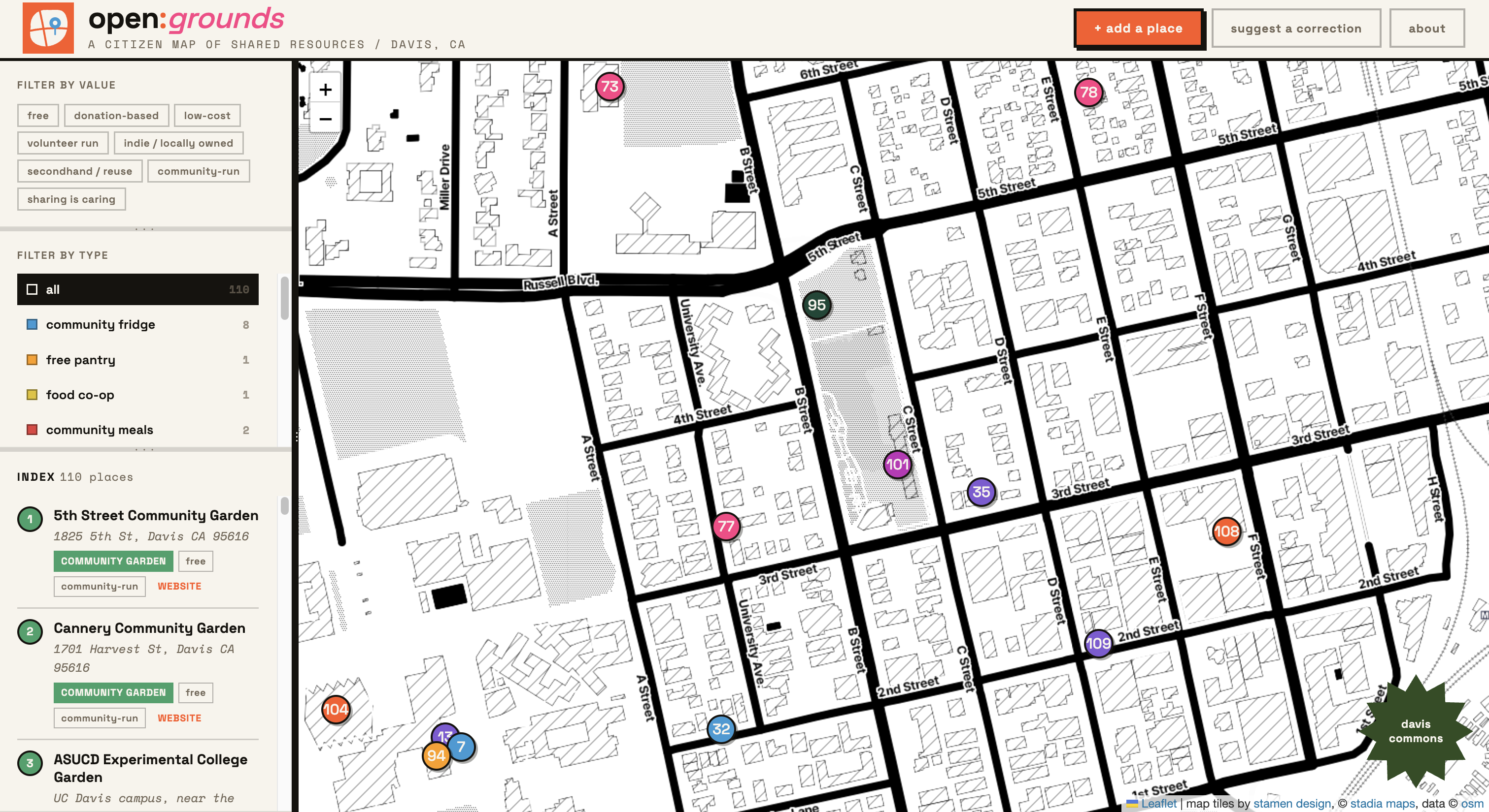 close up of the map showing clustered markers across davis