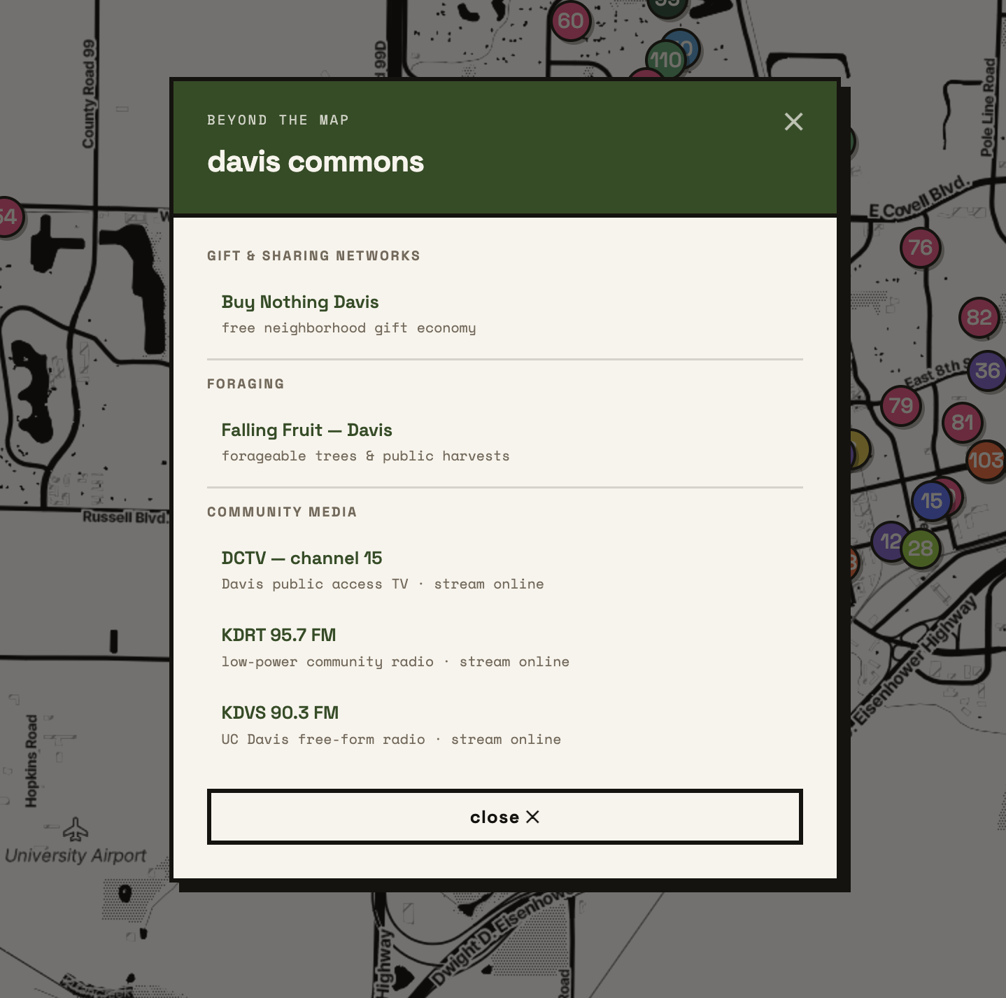the davis commons modal panel listing community resources