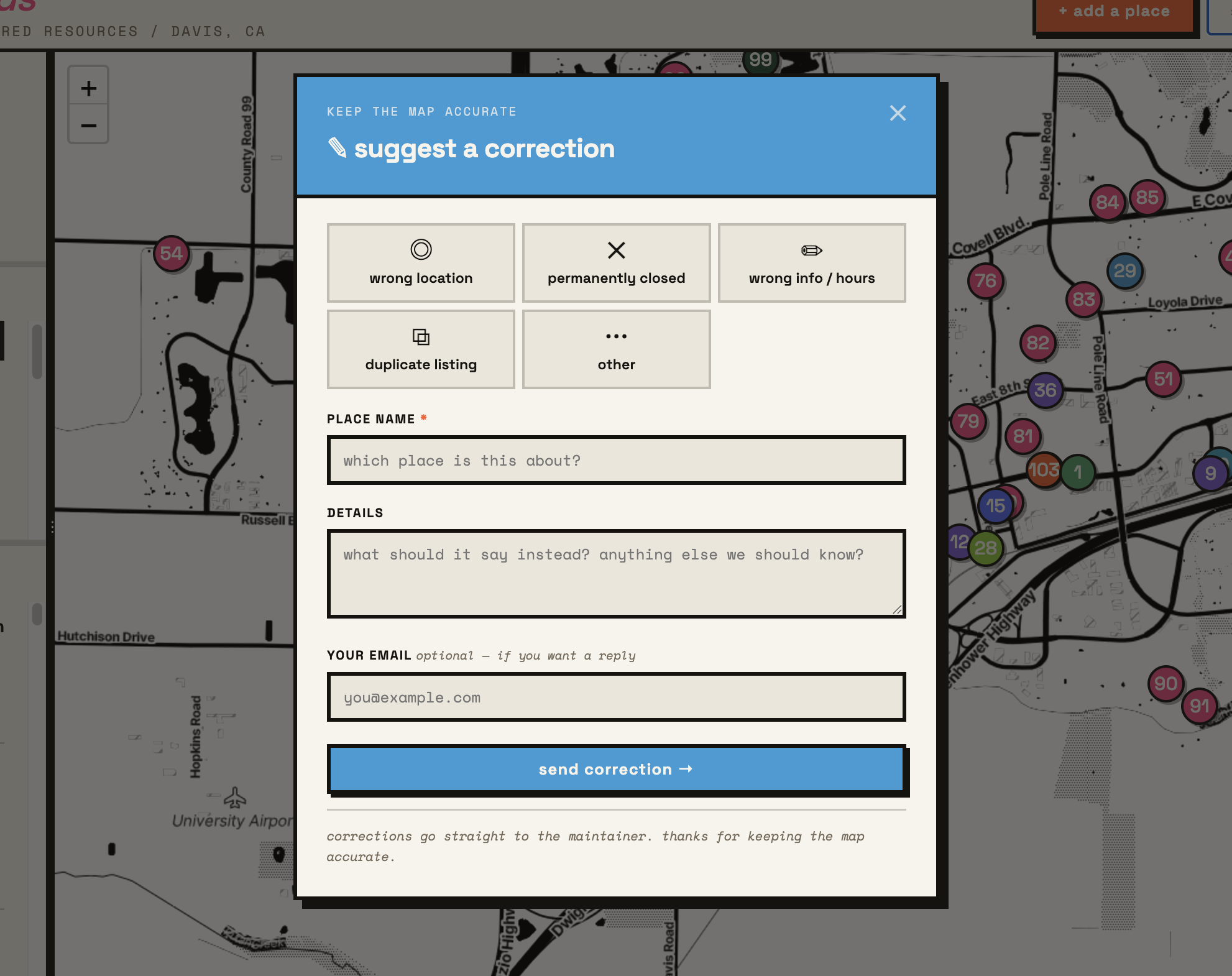 the suggest a correction form modal