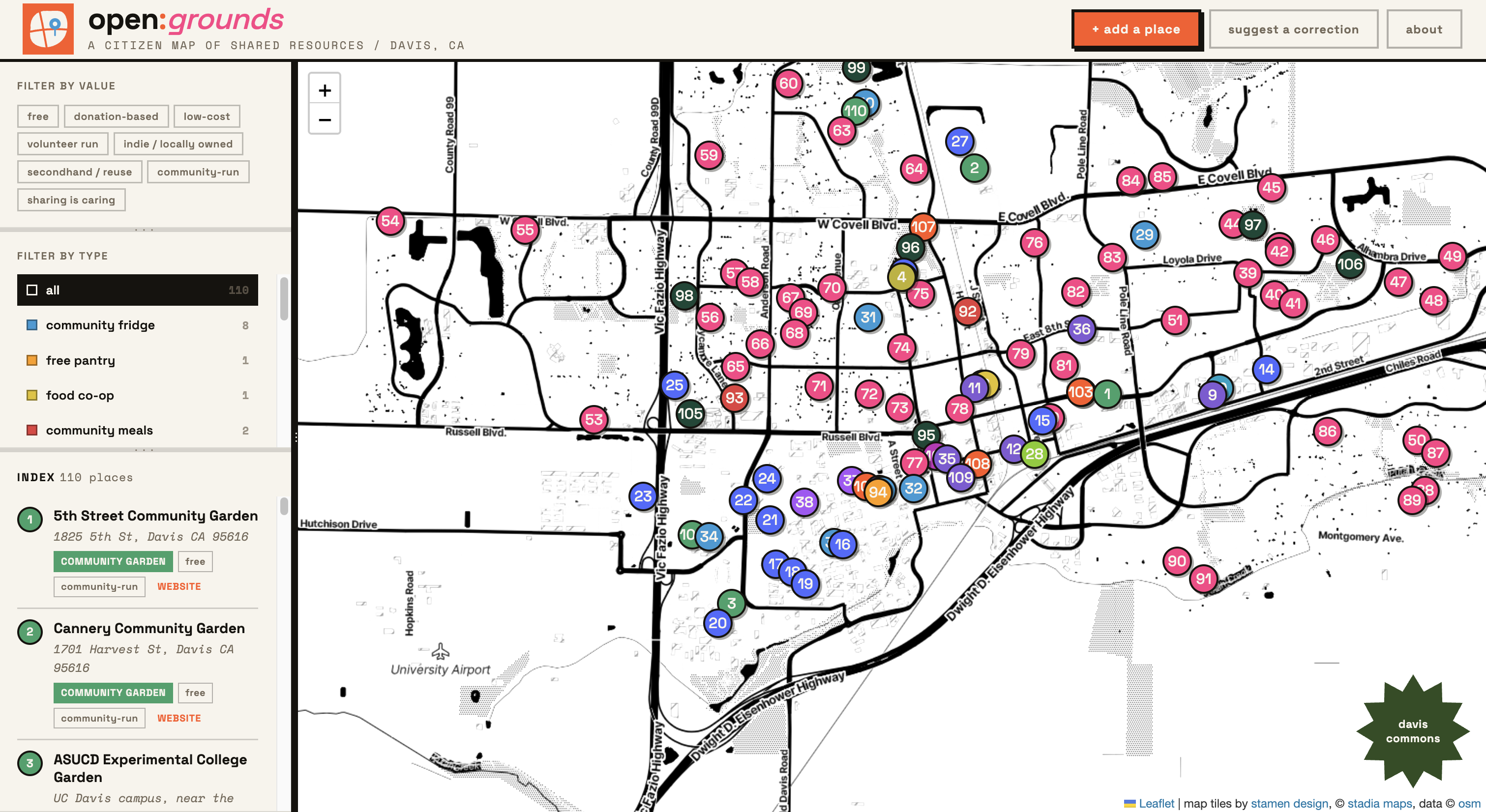 the open:grounds interface showing sidebar filters and map view
