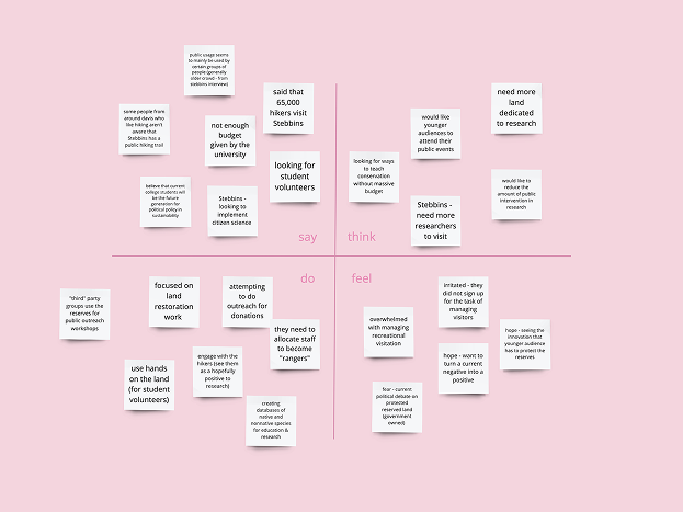 a say/think/do/feel map synthesizing research insights